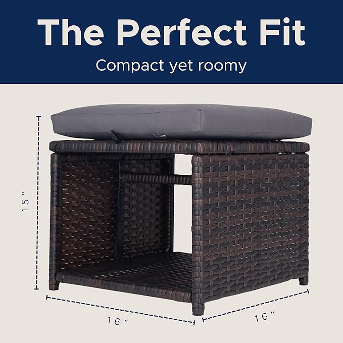 Outdoor Storage Ottoman (Set of 2) - All-Weather Wicker Patio Footstool with Washable Cushions - Sturdy Rattan Foot Rest & Hidden Box for Deck, Porch, Backyard & Balcony