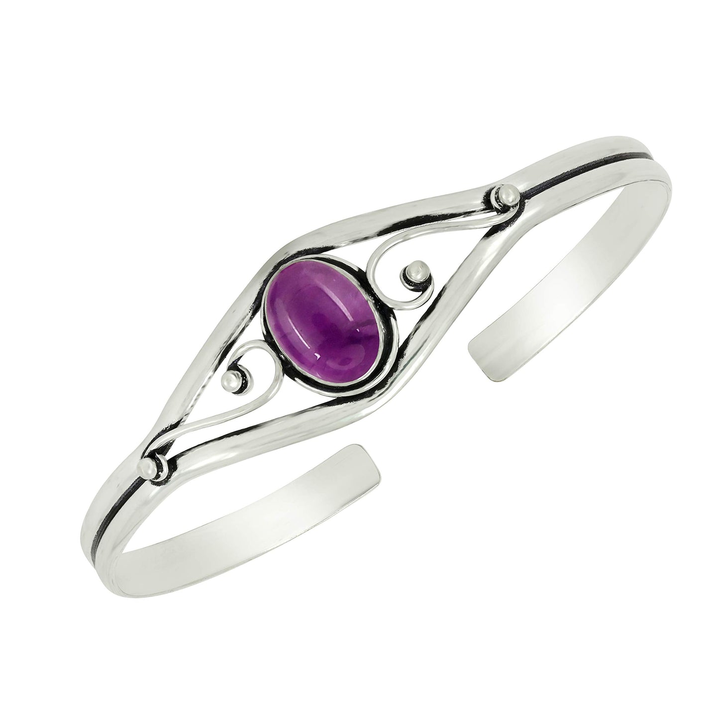 925 Silver Plated Natural Amethyst Cuff Bangle Bracelet for Women – Handmade Open Bangle – Purple Gemstone February Birthstone Statement Jewelry – Gift for Her