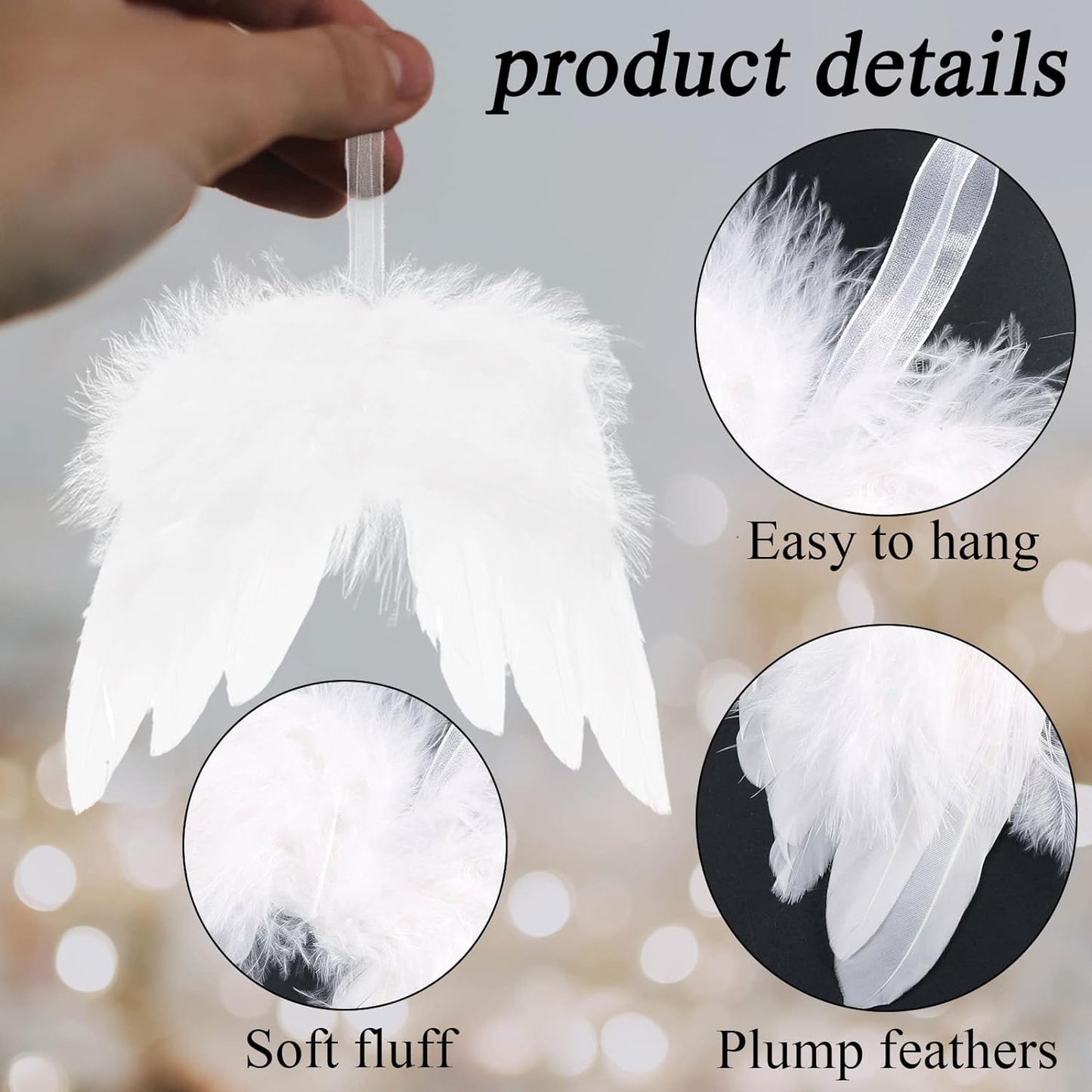 24Pcs Angel Wings Christmas Ornaments Mini Angel Feather Hanging Decor for Christmas Tree Angel Wings Pendant for Crafts Xmas Party DIY Decorations