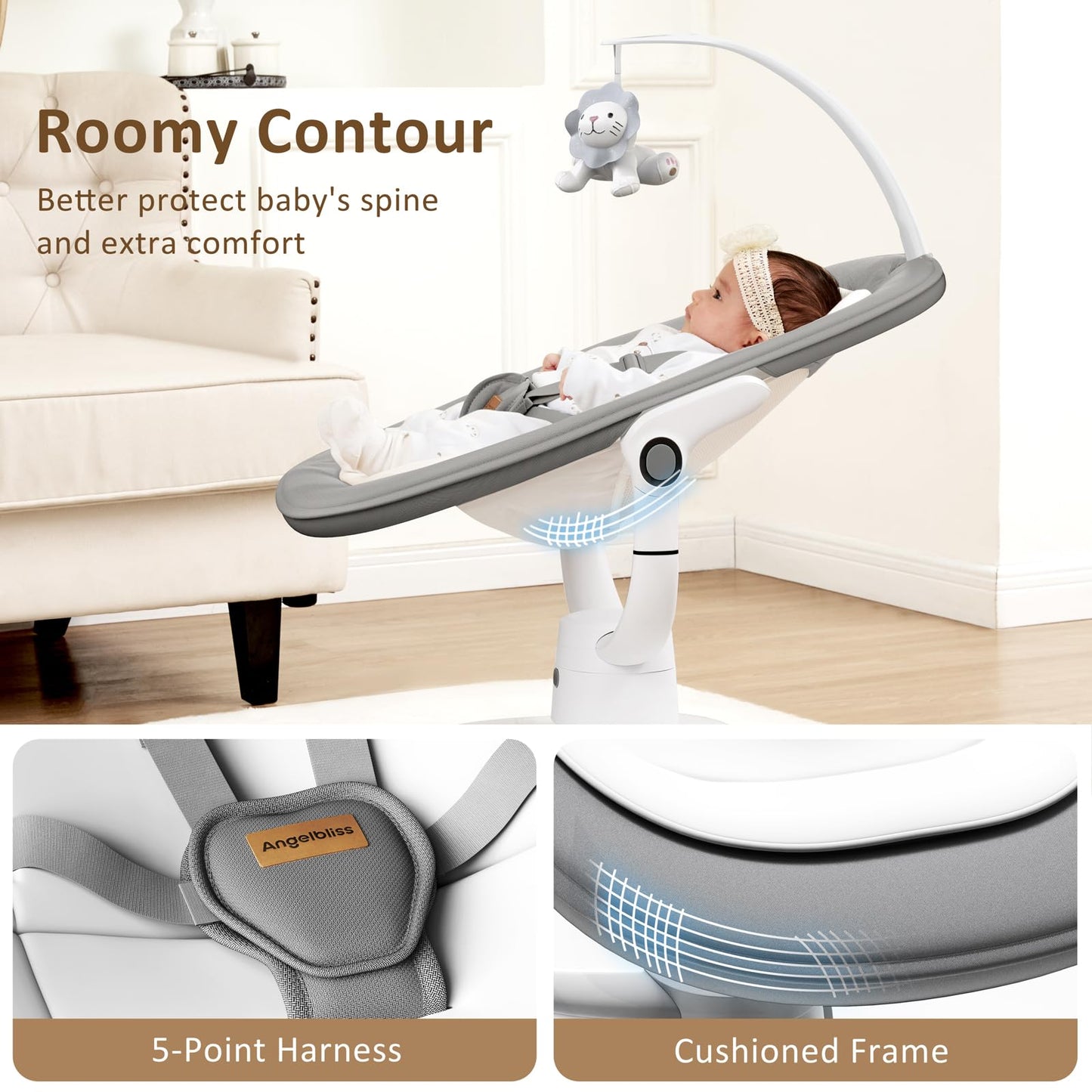 Angelbliss Baby Swing with Custom Motion, 3D-Motion Electric Swing with 6 Unique Motions & 4-Speeds, Bluetooth Enabled, 13 Preset Lullabies (Grey)