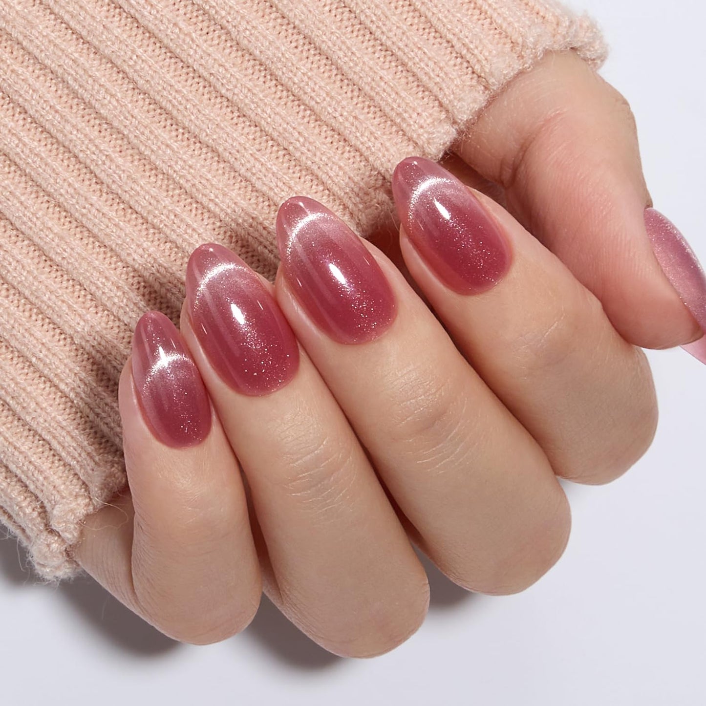 VSALON Press on Nails Short Almond, Cat Eye Nails Set, French Tip Reusable Gel Fake Nails Set, Dual Glam Nails & Mini Pack