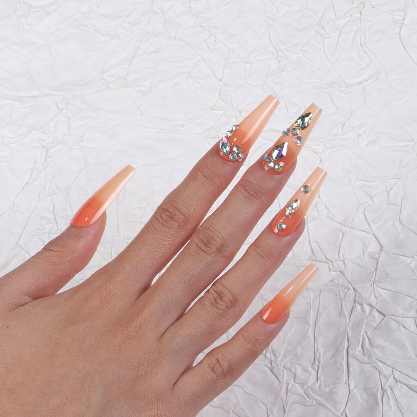 Long Press on Nails Ombre Fake Nails Glitter Extra Long Artificial Nail with Rhinestones Designs Acrylic Nail Press ons Sparkly Stick on Nail for Women 24pcs