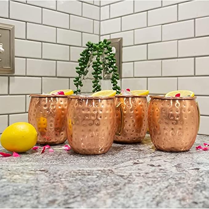 Artisan's Anvil Moscow Mule Mugs with Straws, Comfortable Brass Handle, Stainless Steel Made, Original Hammered Shape, Copper Plated, Set of 4
