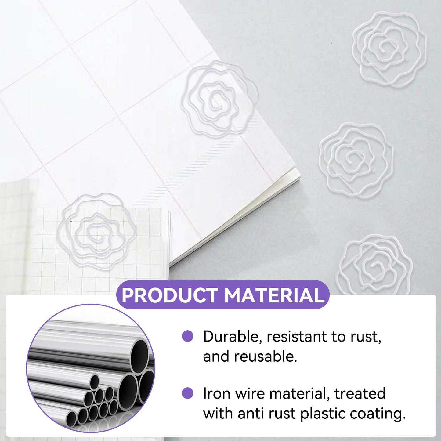 Flower Shaped Paper Clips, 100PCS Floral Paper Clips White Rose Shape Paperclips Decorative Paperclips Bookmarks with Box for Office Home School Supplies