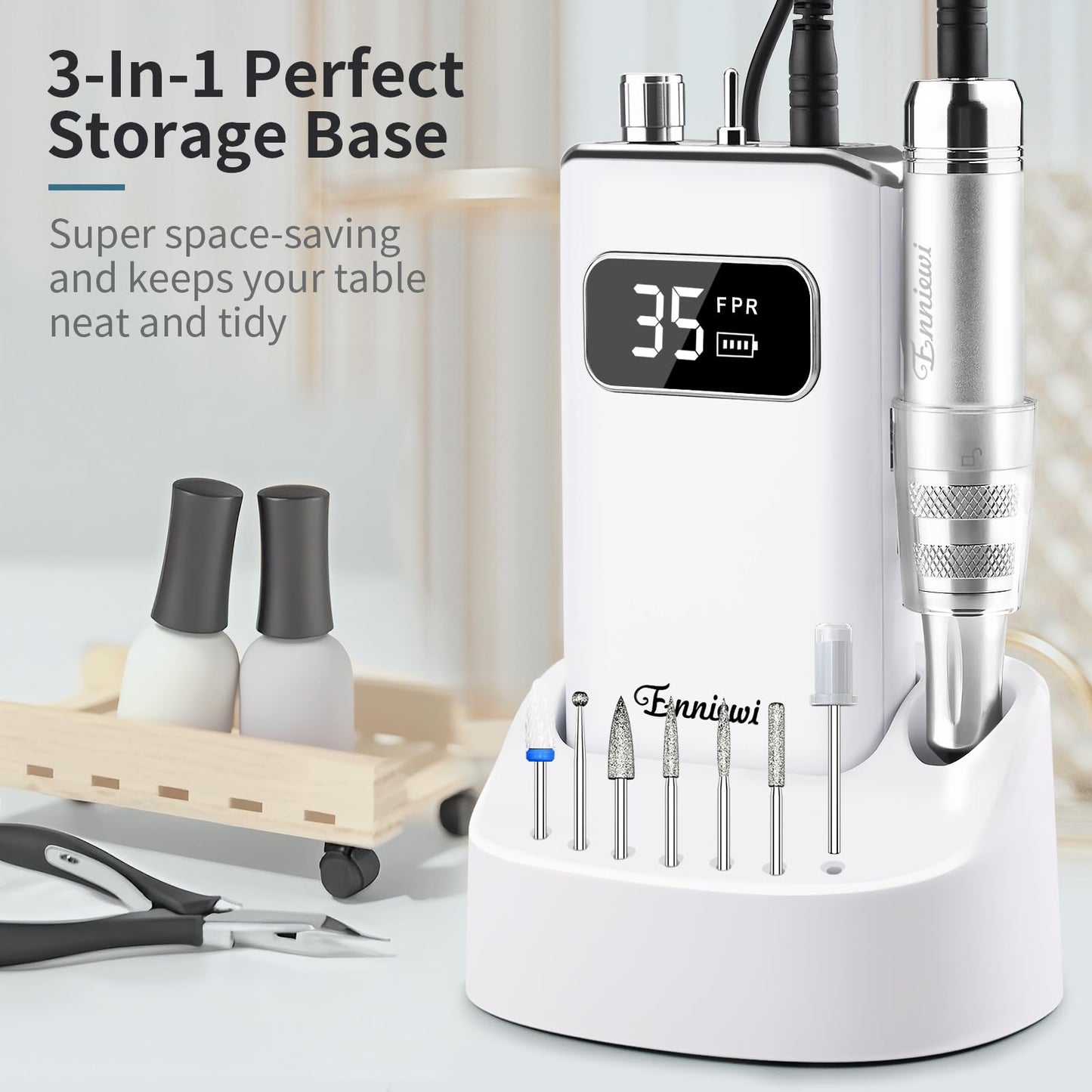 Enniewi Electric Nail Drill File, Professional Portable Nails Drills Kit with Rechargeable Base 7 uñas Bits, Cordless Efile for Poly Gel Acrylic Nails Remover Home Salon Pedicure Manicure Tool, White