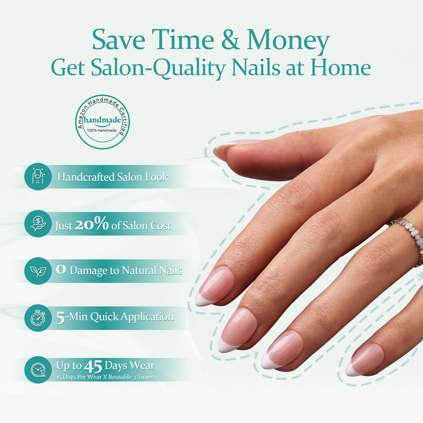 French Tip Press On Nails Short Almond,MOKAYIMO White French Nail Press Ons,10Pcs Handmade Custom-Sized Acrylic False Nails Kit,Natural Look,Salon Quality,Long Lasting,Size M