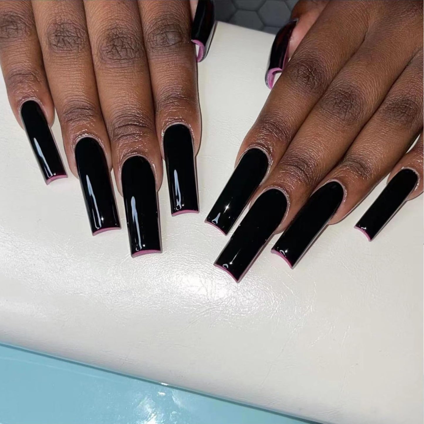 IMRAIN Long Press on Nails Square Fake Nails Black Full Cover Acrylic False Nails Glossy Extra Long Glue on Nails 24Pcs