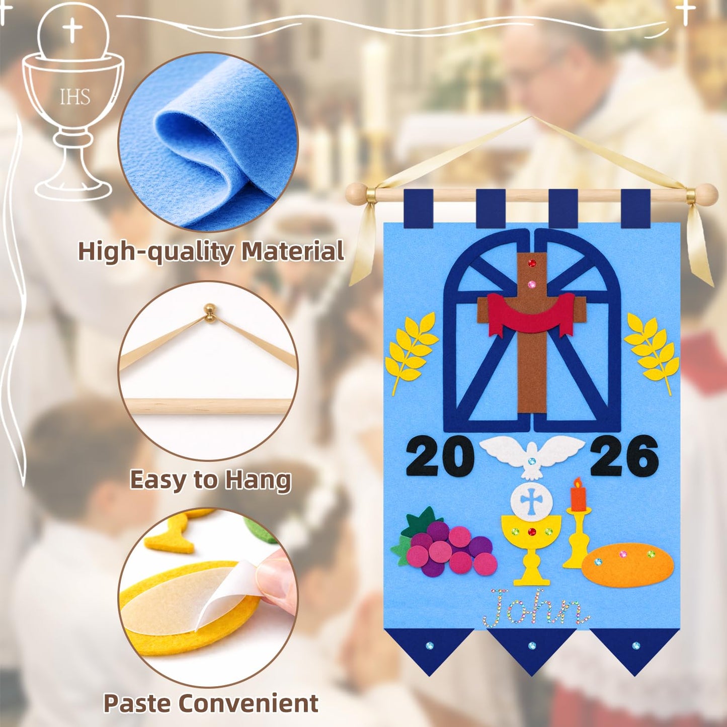 DIY First Communion Felt Banner Kit 9 x 12 Inch First Holy Communion Banner with Diamond Gem Stickers for Kids Sunday School Church Activity Baptism Party Decoration