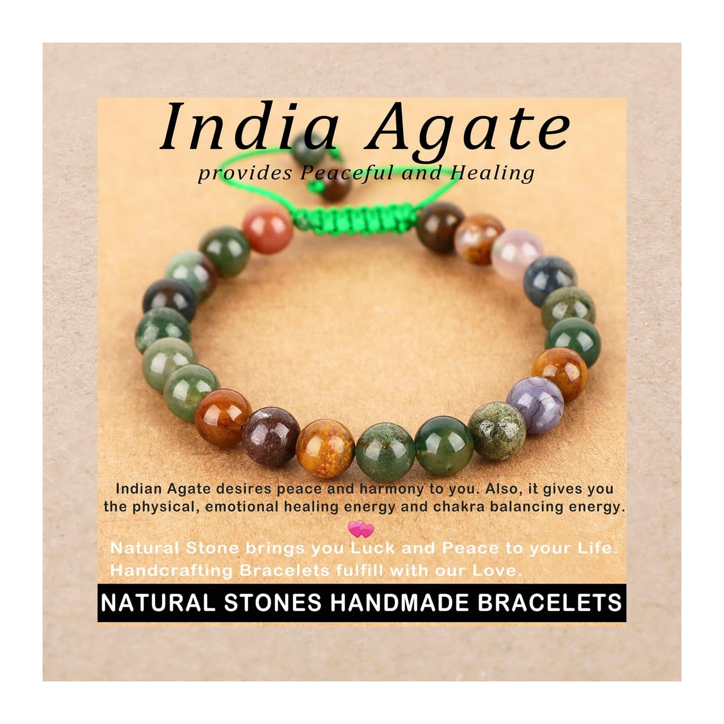 AD Beads 8mm India Agate - Peaceful - Handmade Natural Stone Crystal Bracelet with Adjustable Macrame String - Yoga Healing Power Energy Gifts for Men and Women