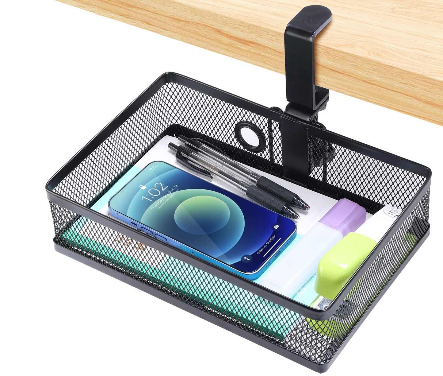 ROSLINE Under Desk Storage Organizer, Clamp on Drawer Basket, Hanging Storage, Mount Tray, Suitable for Multiple Scenes (Black)