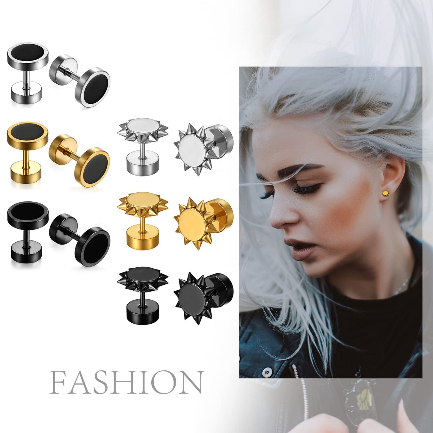 Aroncent 6 Pairs Stud Earrings for Men Fake Gauges Fake Earrings Stainless Steel Spike Stud Earrings Set Black Gold
