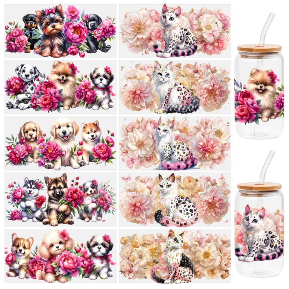 10 Sheets Dogs and Cats UV DTF Transfer Stickers, for Libbey Glass Tumbler, Waterproof Decals, Plastic Adhesive Label for Bottles and Cups Decor