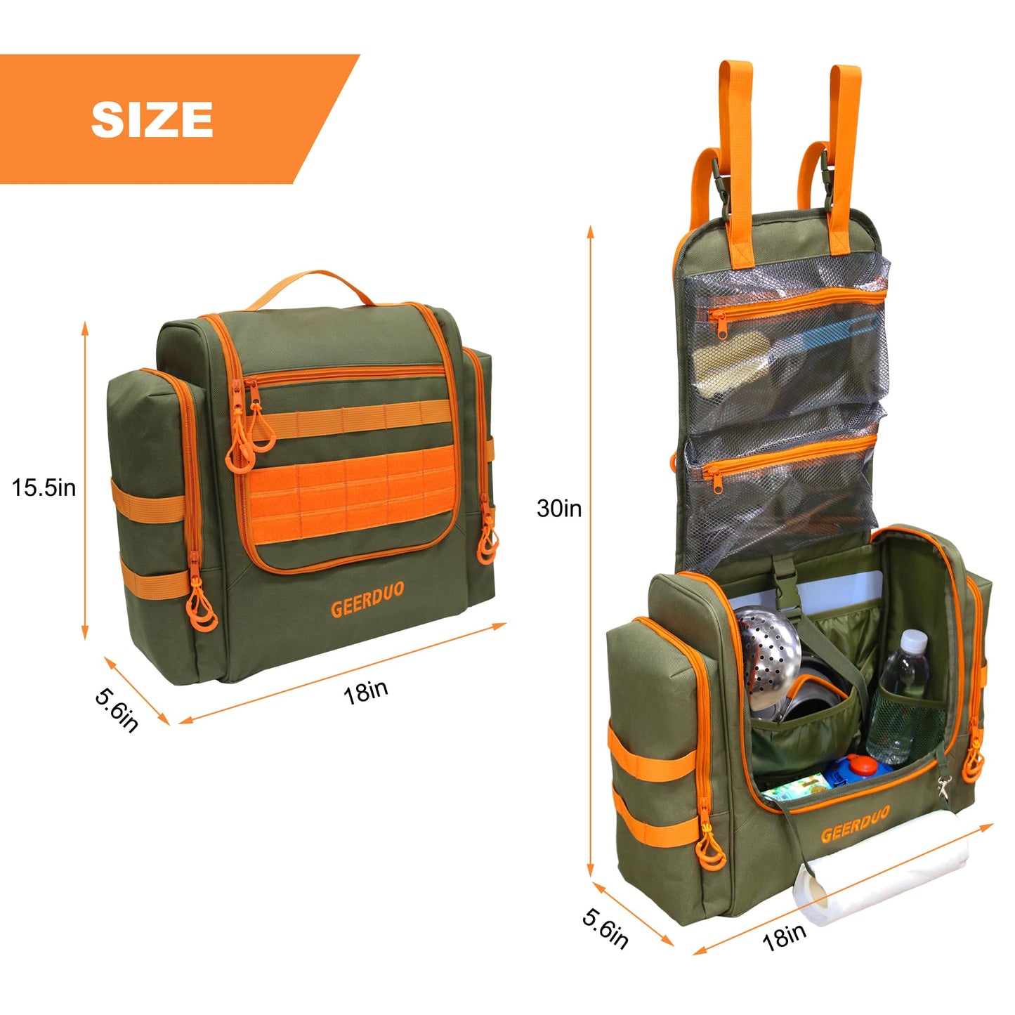 GeerDuo Tactical Camp Kitchen Organizer, Large Camping Utensil Storage Bag with Paper Towel Holder & Multi Pockets, Hanging Outdoor Cookware Organizer for Overlanding