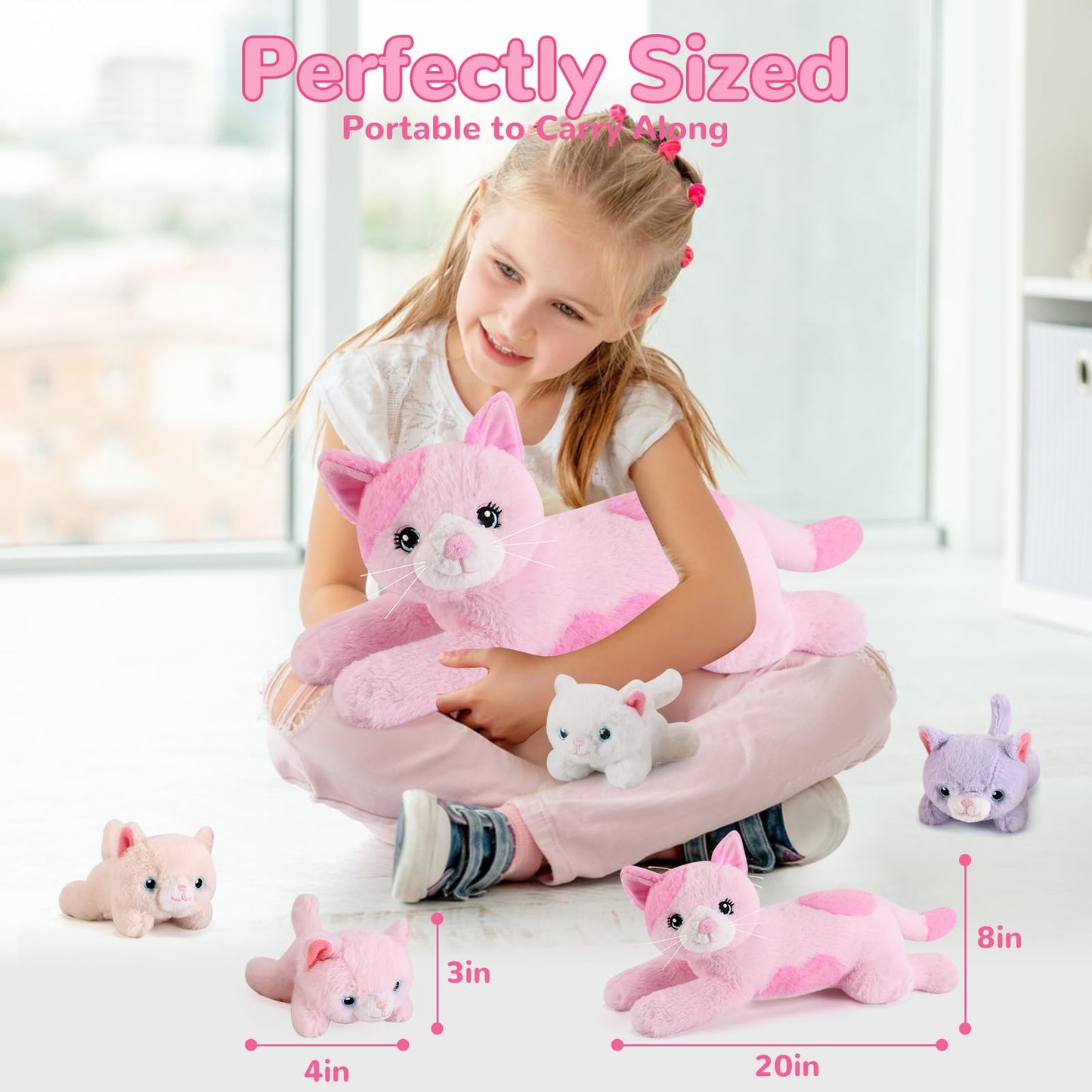 gnomantic 5 Pieces Cat Stuffed Animals with Babies Inside Belly - 1 Mommy Stuffed Cat with 4 Kittens - Stuffed Kitty Plush Toys for Kid Age 3-8, Gift Ideal for Christmas, Valentine's, Birthday (Pink)
