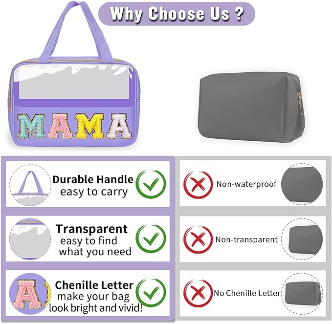 Chenille Letter Clear Makeup Bags Mama Tote, Preppy Patch Makeup Bag Zipper with Handle, Waterproof PVC & Nylon Portable Glitter Large Cosmetic Travel Toiletry Storage Bag for Women Girls(MAMA-Purple)