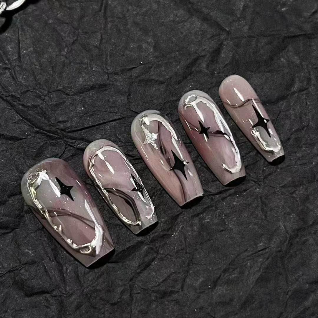 TENPAL Pink Ombre Silver Coffin Acrylic Nails,Handmade Press On Nails With Tools,Glossy Y2K Star Glitter Designs Glue on Nails,Cute Cool Retro Kawaii Kpop False Fake Nails for Women 10Pcs(XS)