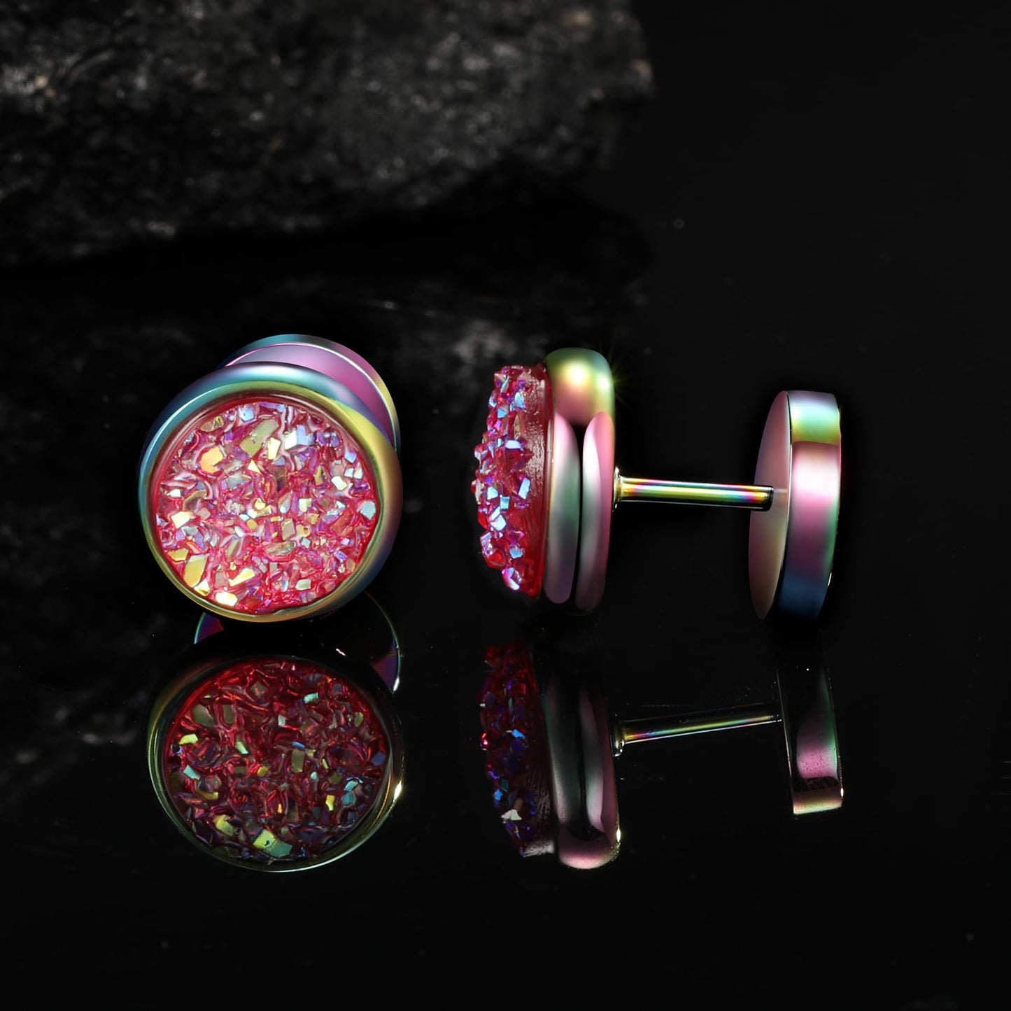 VOLUKA Crystal Stone Stud Earrings Flat Back Titanium Stainless Steel Hypoallergenic Cartilage Earrings Stud for Sensitive Ears Women Men(Pink-Rainbow)