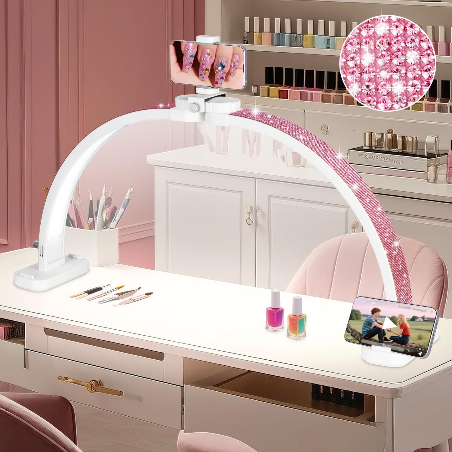 HITTI Super Large 31in Half Moon Light for Nail Desk, Foldable Arch Light for Nail Tech Lamp with Phone Stand, LED Table Lamp for Manicure, Handicraft, Art, Eyelash Extension (Crystal Diamond) -White