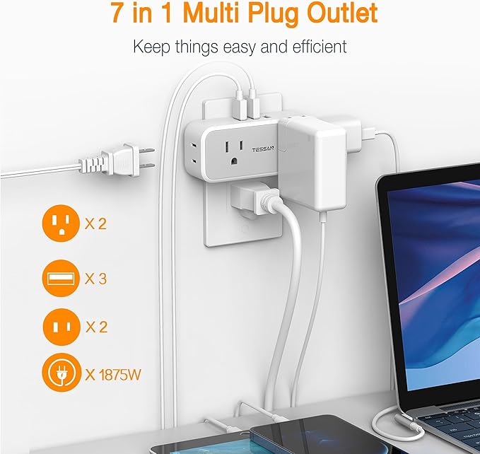 Surge Protector Outlet Extender, TESSAN Multi Plug Outlet Splitter with 4 Electrical Outlets 3 USB Ports, Multiple Plug Mini Wall Expander for Home Bathroom Office Dorm Room Essentials