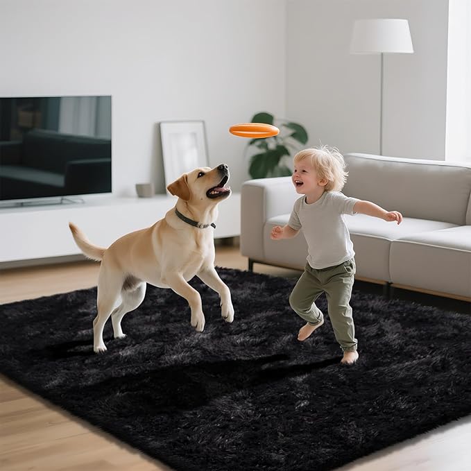 Shag Area Rugs for Bedroom Living Room,6X9 Ultra Soft Fluffy Area Rugs for Dorm, Indoor Carpet Nursery Rugs for Kids Girls Room Home Decor, Black