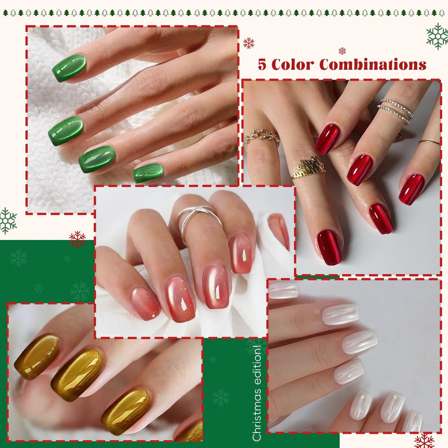 CUZIAM Christmas Press on Nails Short Square Set, 150pcs Jelly Glass Mirror Chrome Cat Eye Nails, Shimmer Snow White Glitter Cherry Red Ruby Holographic Elk Brown Sparkle Green Nails with Stickers