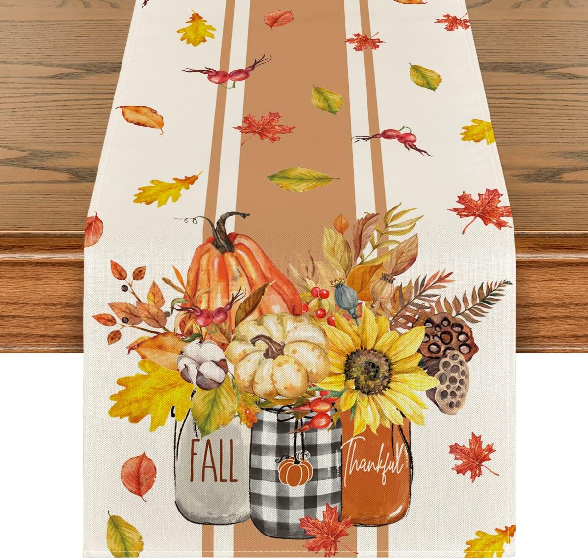Artoid Mode Thankful Fall Pumpkin Leaves Floral Vases Table Runner, Autumn Thanksgiving Kitchen Dining Table Decoration for Home Party Decor 13x48 Inch