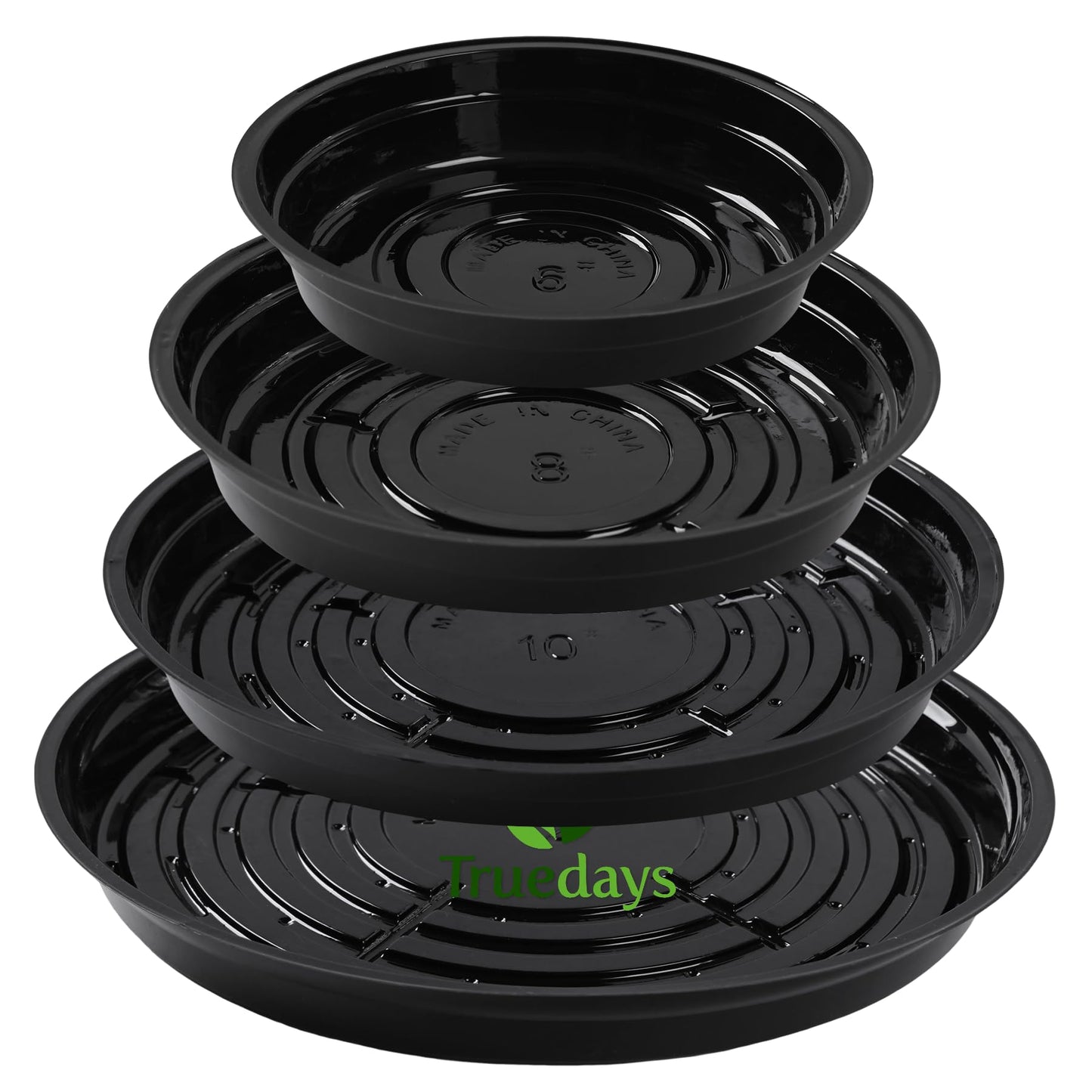 TRUEDAYS 20 Pack Black Plant Saucers – 4 Sizes (6"/8"/10"/12") Plastic Flower Pot Trays for Indoor & Outdoor Plants, Drip Trays to Protect Floors & Surfaces