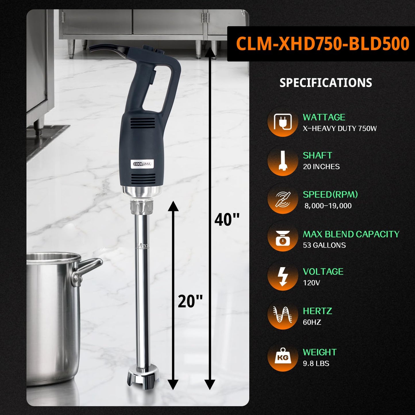 COOLUMA X-Heavy Huty 750W Commercial Immersion Blender, 20 Inch Removable Shaft, 8,000-19,000 RPM Variable Speed, 42 Gallons Hand Mixer, Secure Dual Button Start.