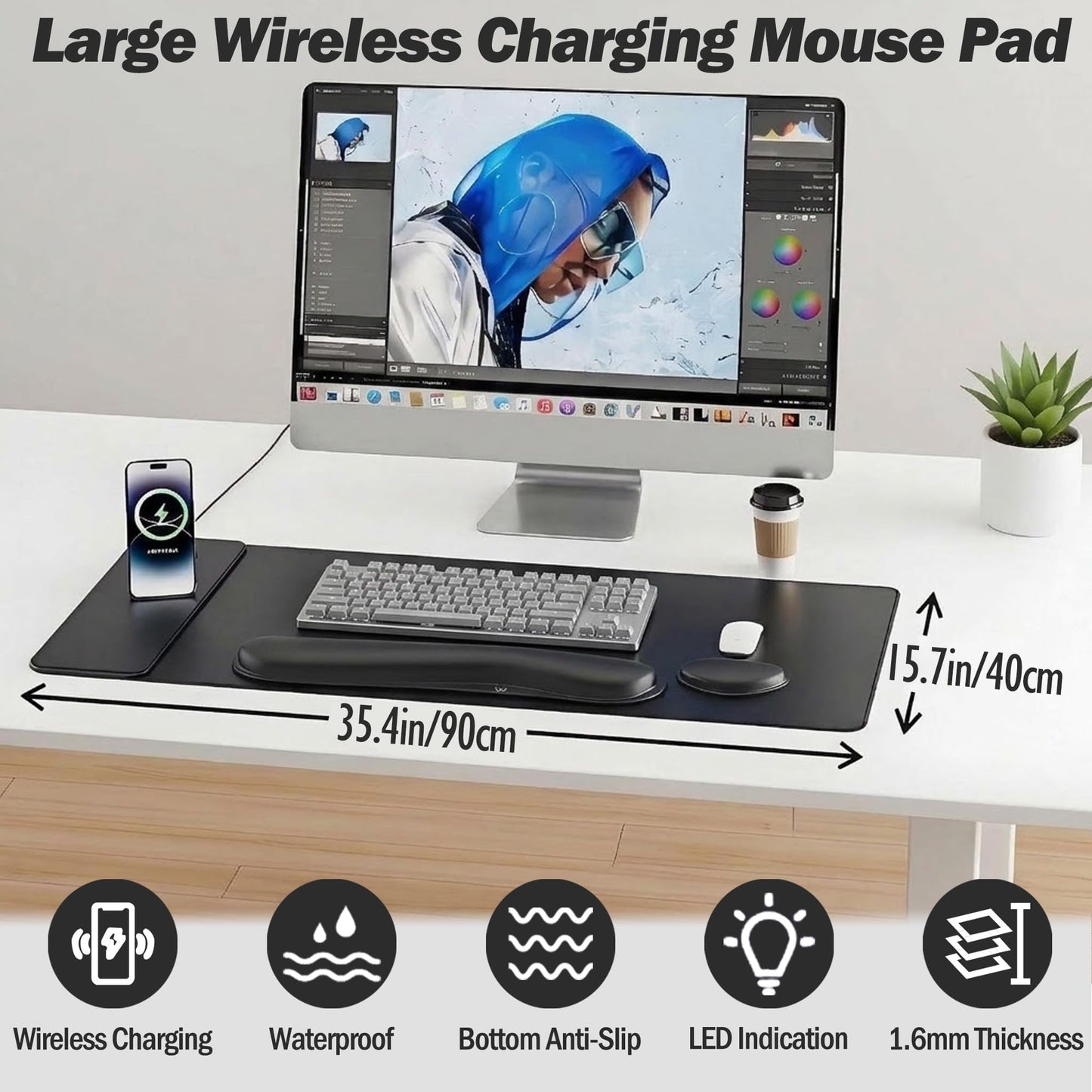 15W Fast Charging Desk Mouse Pad,View Angle Ergonomic Foldable Magnetic Phone Charger,35.4x15.7in PU Leather Large Wireless Charging Desk Mat with Keyboard & Mouse Wrist Rest for Gaming,Office,Mac