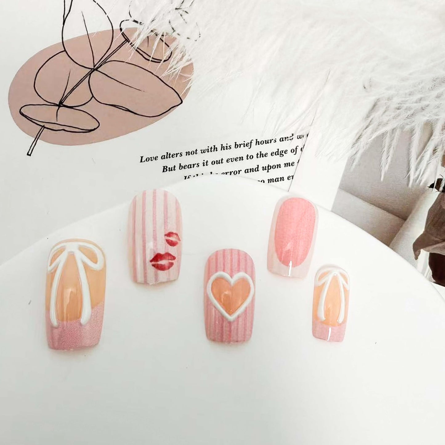 24Pcs Valentines Press on Nails Medium Square Red Lips Heart Fake Nails Bow Stripe Design Glue on Nails Pink Glossy French False Nails for Women Valentine Nail Decoration for Women Gift