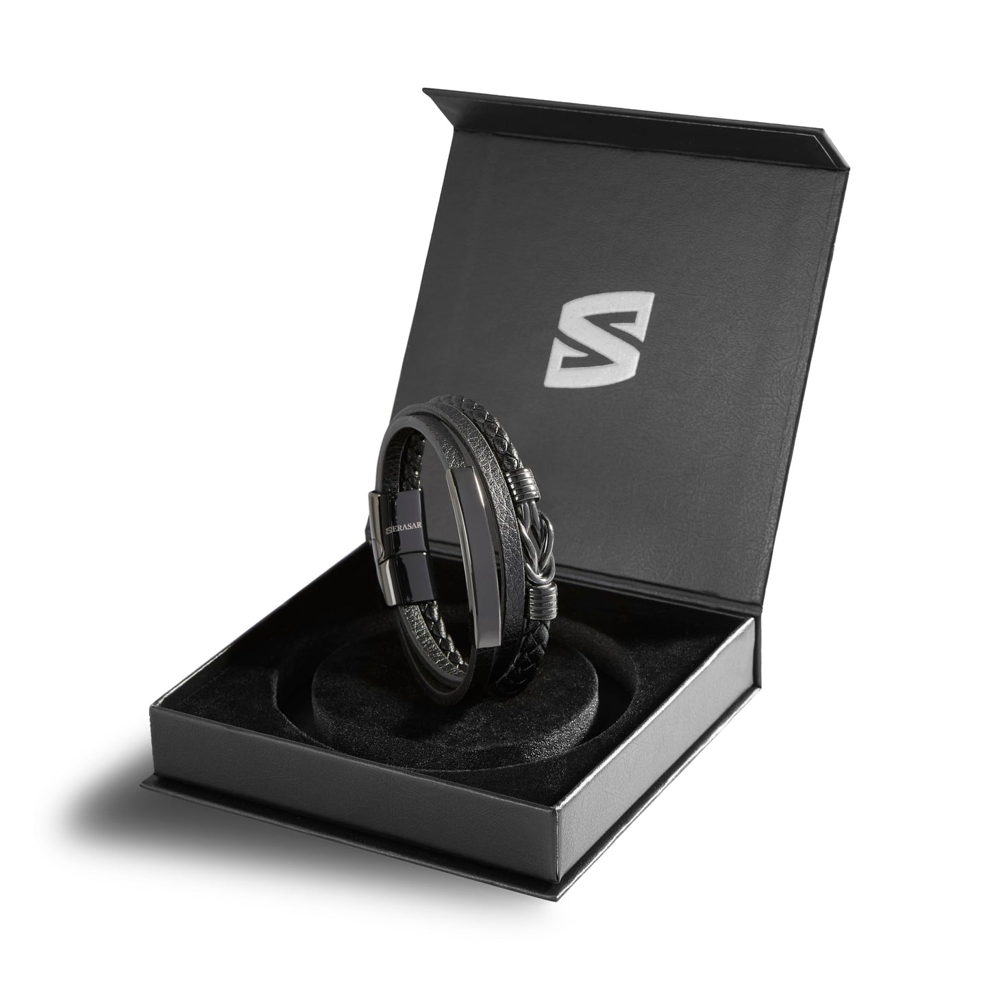 SERASAR Mens Original Leather Bracelet 20cm Black Men Gift Box Genuine Braided Adjust Able Magnetic Clasp Multi Layer Wrap Rope Man Mans Bracelets Jewelry Magnet Accessories