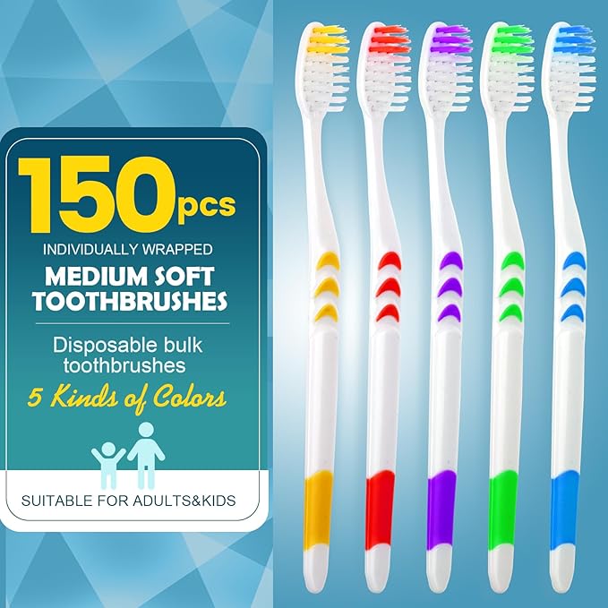 Navona 150 PCS Individually Wrapped Bulk Toothbrush Pack, Disposable Soft Bristle for Adult or Kid, Ergonomic Handle, Perfect for Travel, Hotel, Donation
