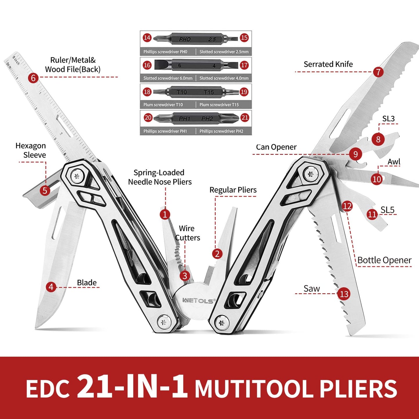 Multitool with Pocket Knife, Birthday Gifts for Men Women Mom Dad, WETOLS 21-in-1 Stainless Steel Pliers with Screwdrivers, Self-locking Multi tools with EDC Sheath, Ideal for Home, Camping, Survival