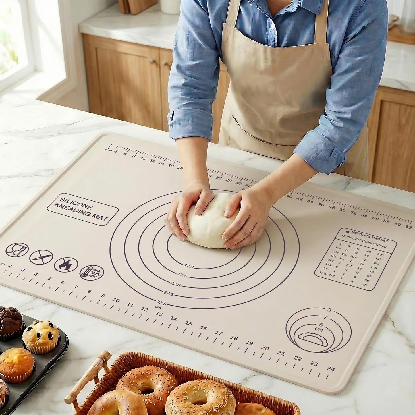 Silicone Pastry Mat 28" x 20" Extra Thick Silicone Baking Mat with Measurements and Edge Heightening Non-stick Food Grade Dough Rolling Mat Kneading Sheet for Pastry, Bread, Cookies (Beige)