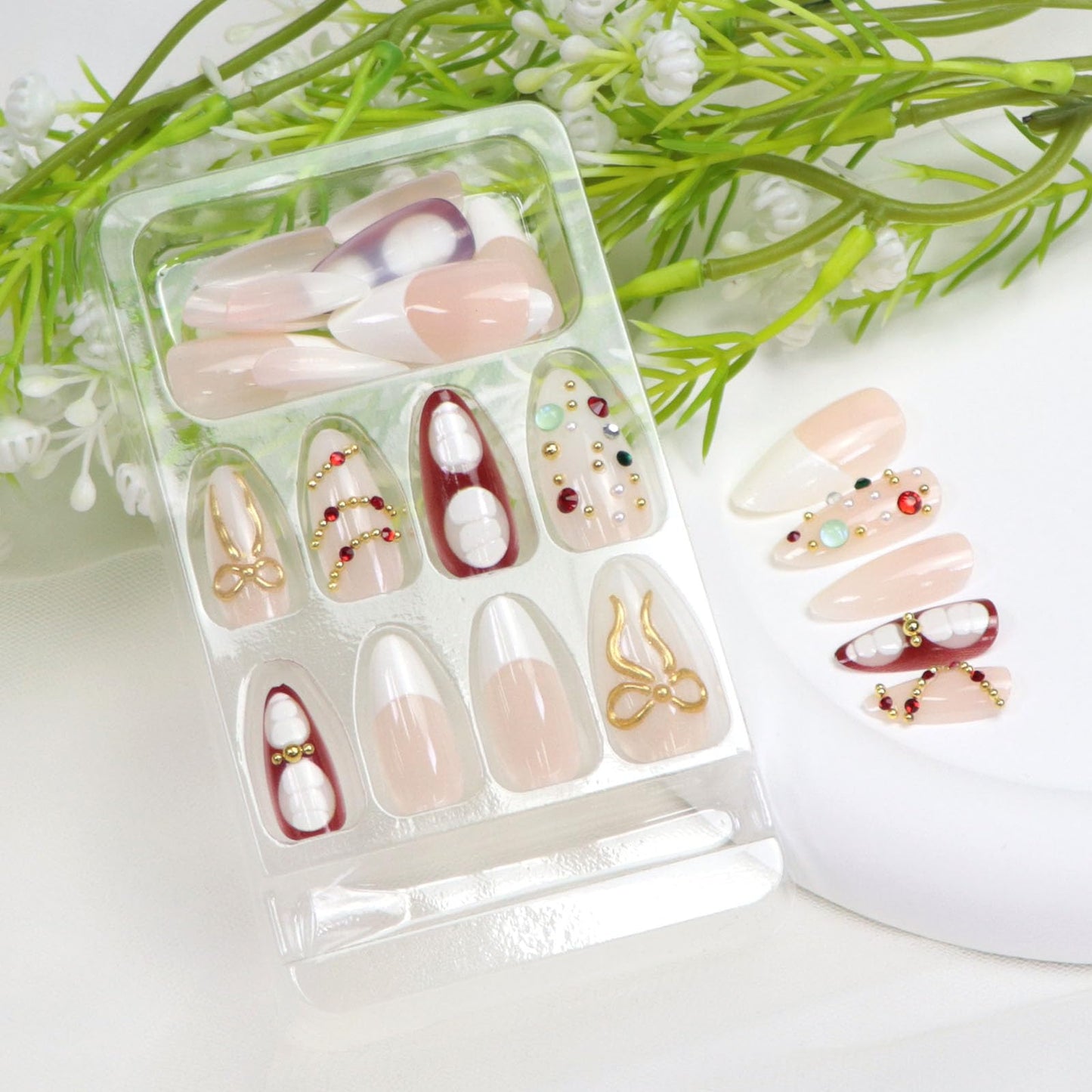 Press on Nails Medium Almond Fake Nails with 3D Water Droplets Pearl Rhinestones Bow Designs White French Tip Glue on Nails Press ons Nude Pink False Nails for Women 24Pcs