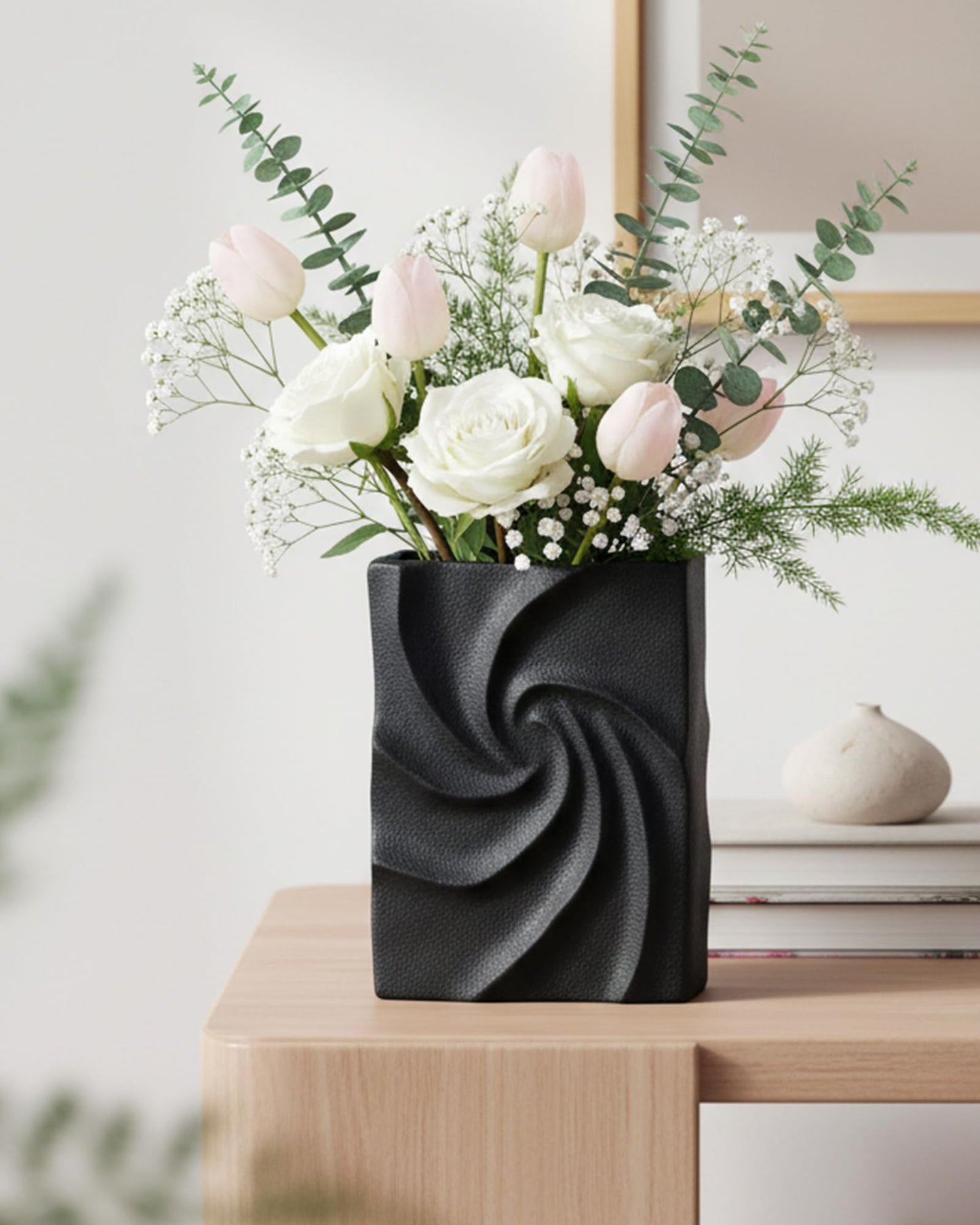 Small Black Vases Home Decor, Organic Square Whirlpool Shape, Aesthetic Small Flower Vase Living Room, Bedroom, Bathroom, Shelf & Table Decor, Boho Room Decor for Women OOSTONEE