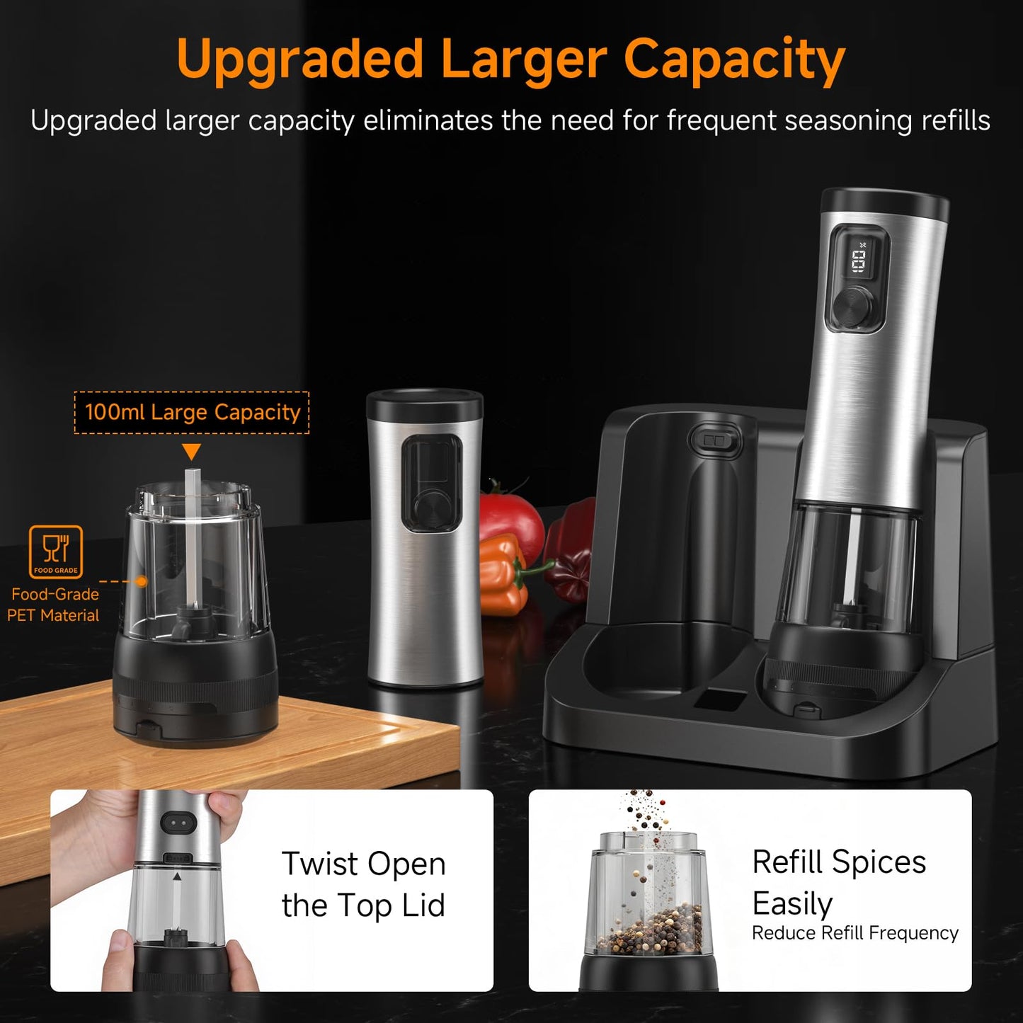 Electric Salt and Pepper Grinder Set,2 Pack Rechargeable Automatic Pepper Mill,with Charging Base,5 Level,Display,LED Lighting,Large Capacity,Kitchen Gift (2, Stainless steel, Charging Base)