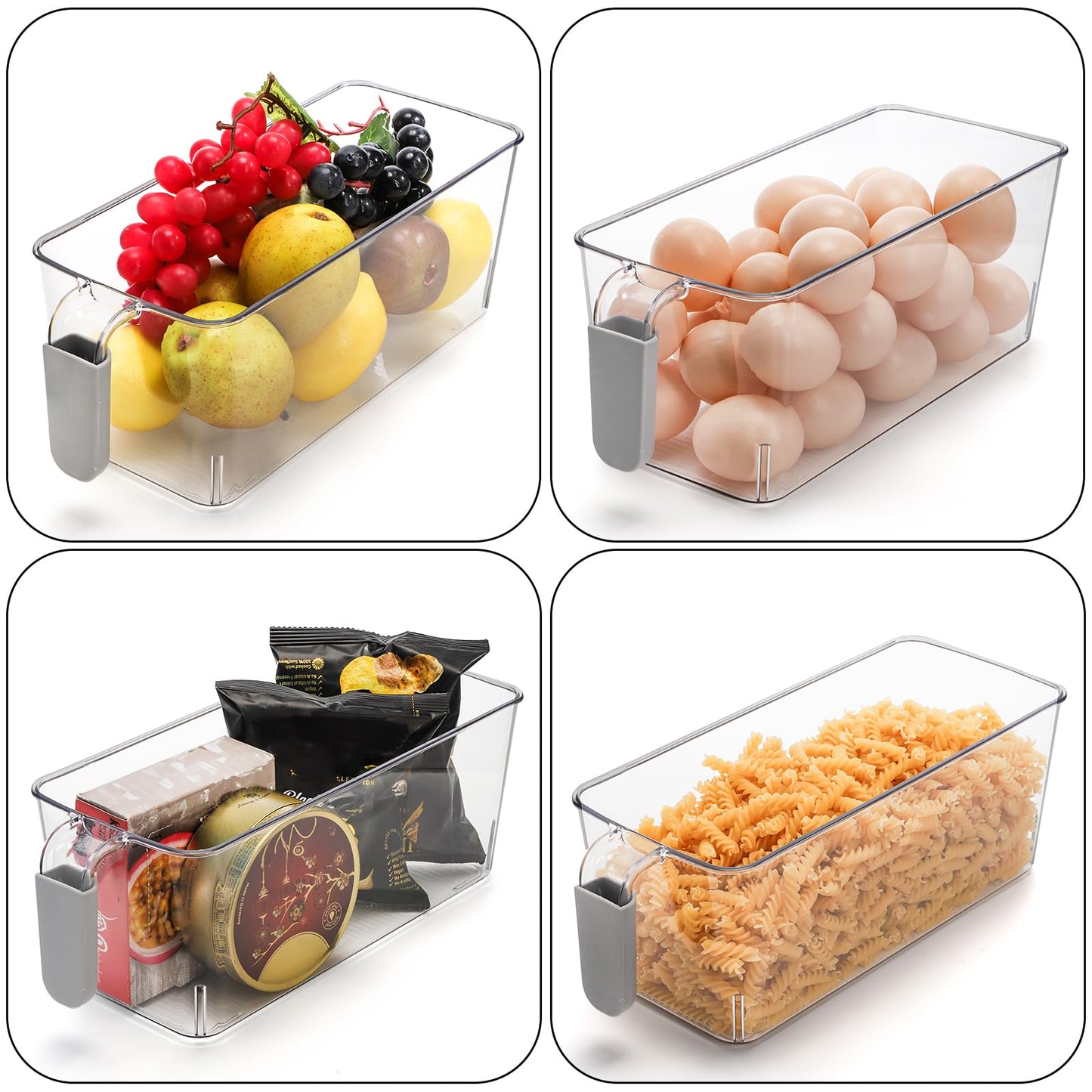 Pumtus 4 Pack Clear Ice Bins for Freezer, Plastic Ice Bucket with Flexible Scoop & Ice Tong, Pull Out Handle Ice Container, Kitchen Food Storage Organizer, Pantry Canister for Wine Beverage Fruit