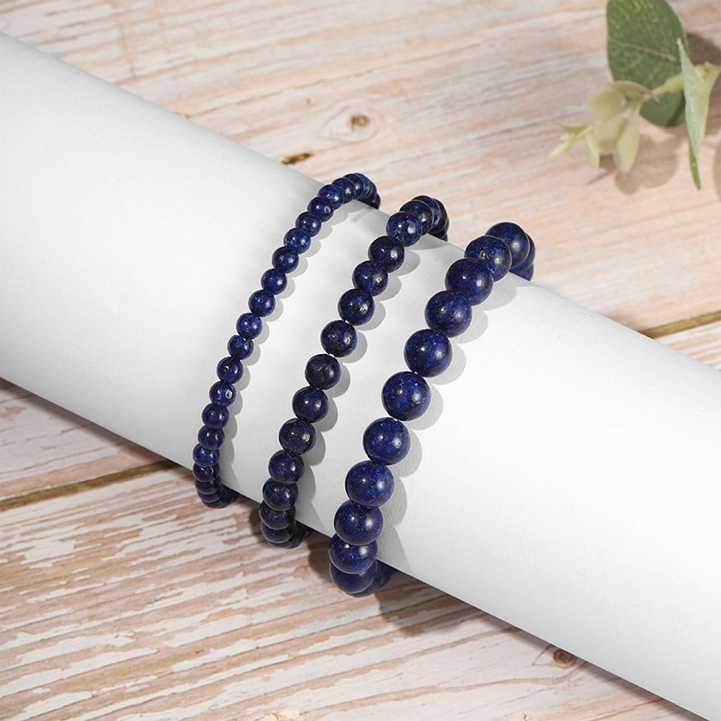 IVY TAILI Lapis Lazuli Bracelet Set: 3pcs Unisex Blue Lapis Lazuli Crystal Stretch Bracelets, 4-6-8mm, 6-8 inches, Lobster Claw Clasp