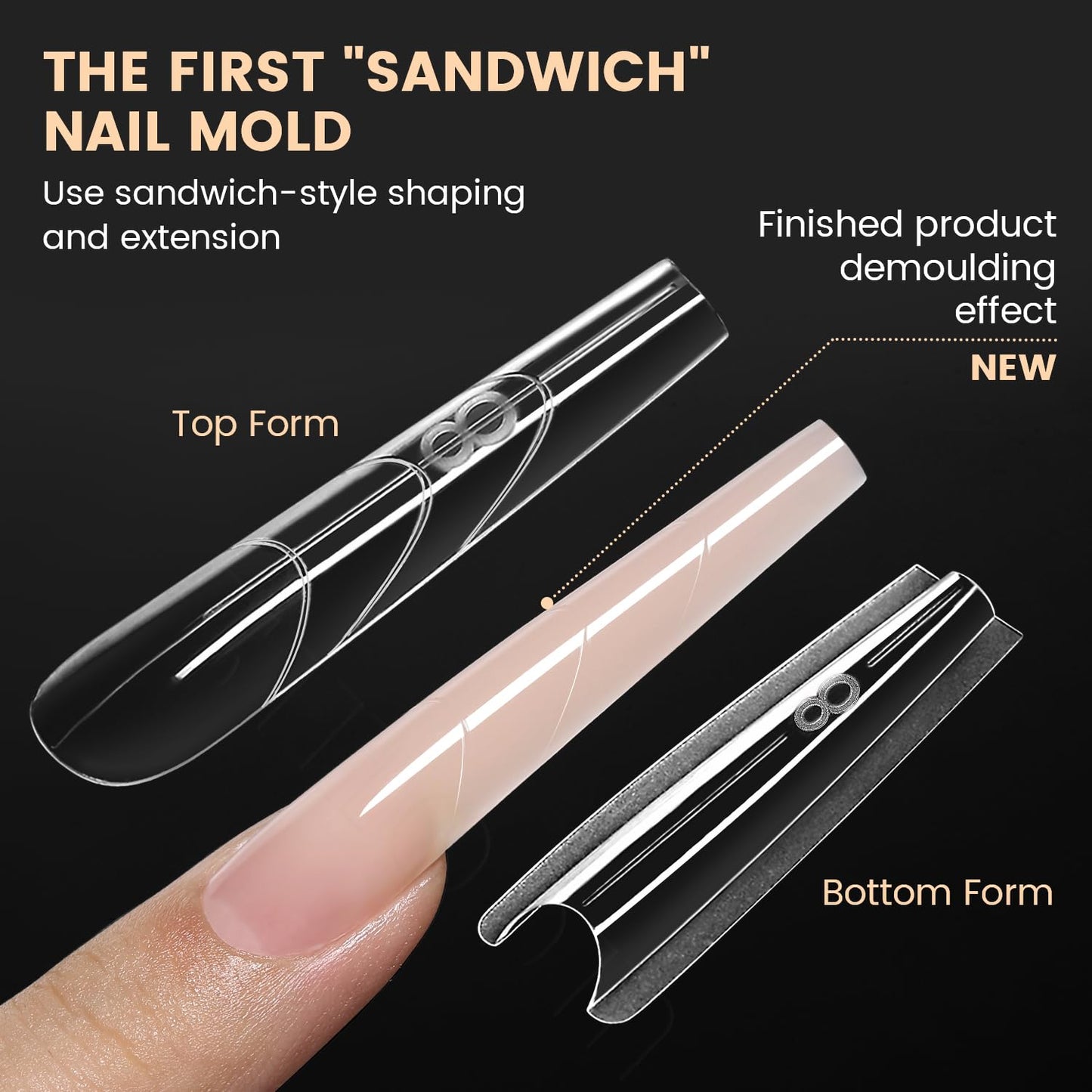 240Pcs Sandwich Nails Dual Forms,Nail Mold for DIY Quick Nails Extension, 15 Sizes Clear Plastic Form for Salon Manicures at Home（ZM-W555-Long Coffin）