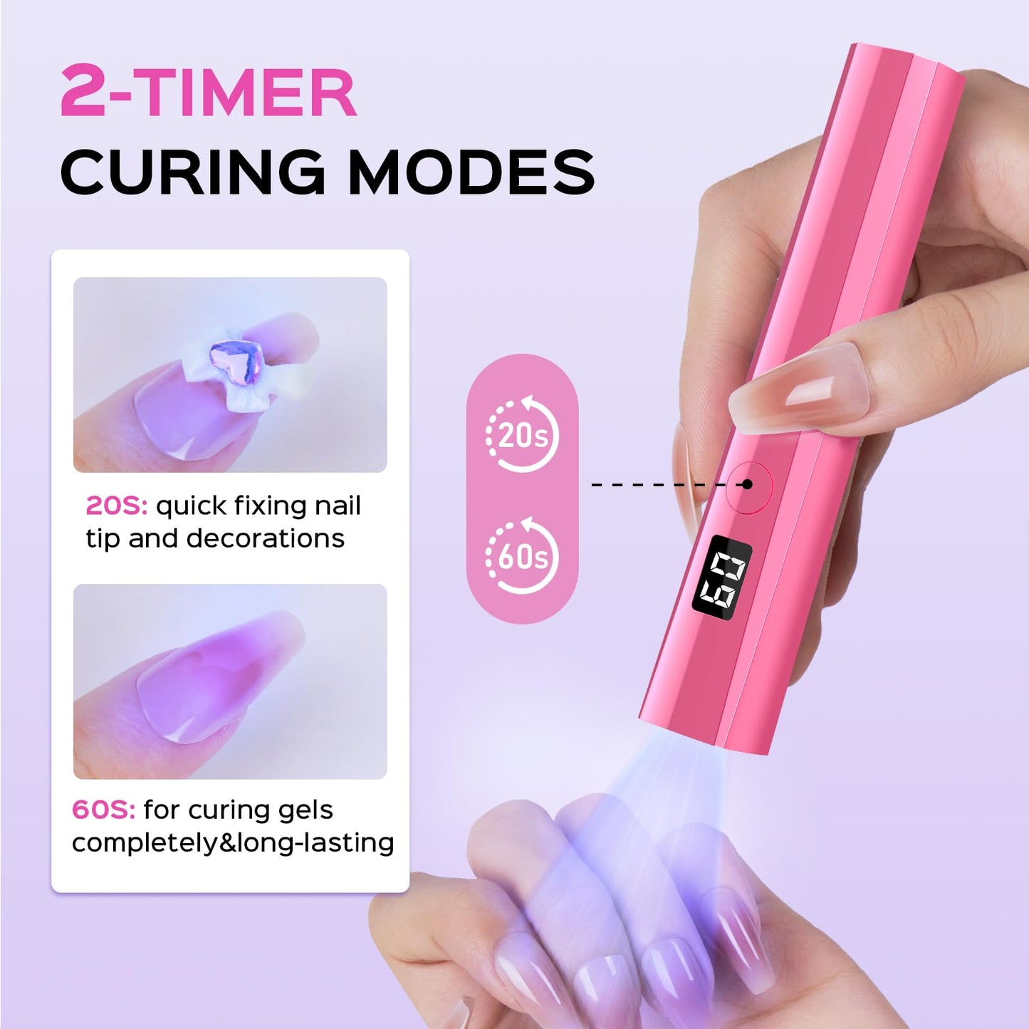 Hoonyn Handheld UV Nail Lamp, 5W Sparkly UV Light for Gel Nails, Portable LED Nail Lamp, Mini Nail Dryer with LCD Screen, USB Nail Light for Fast Curing (Pink)