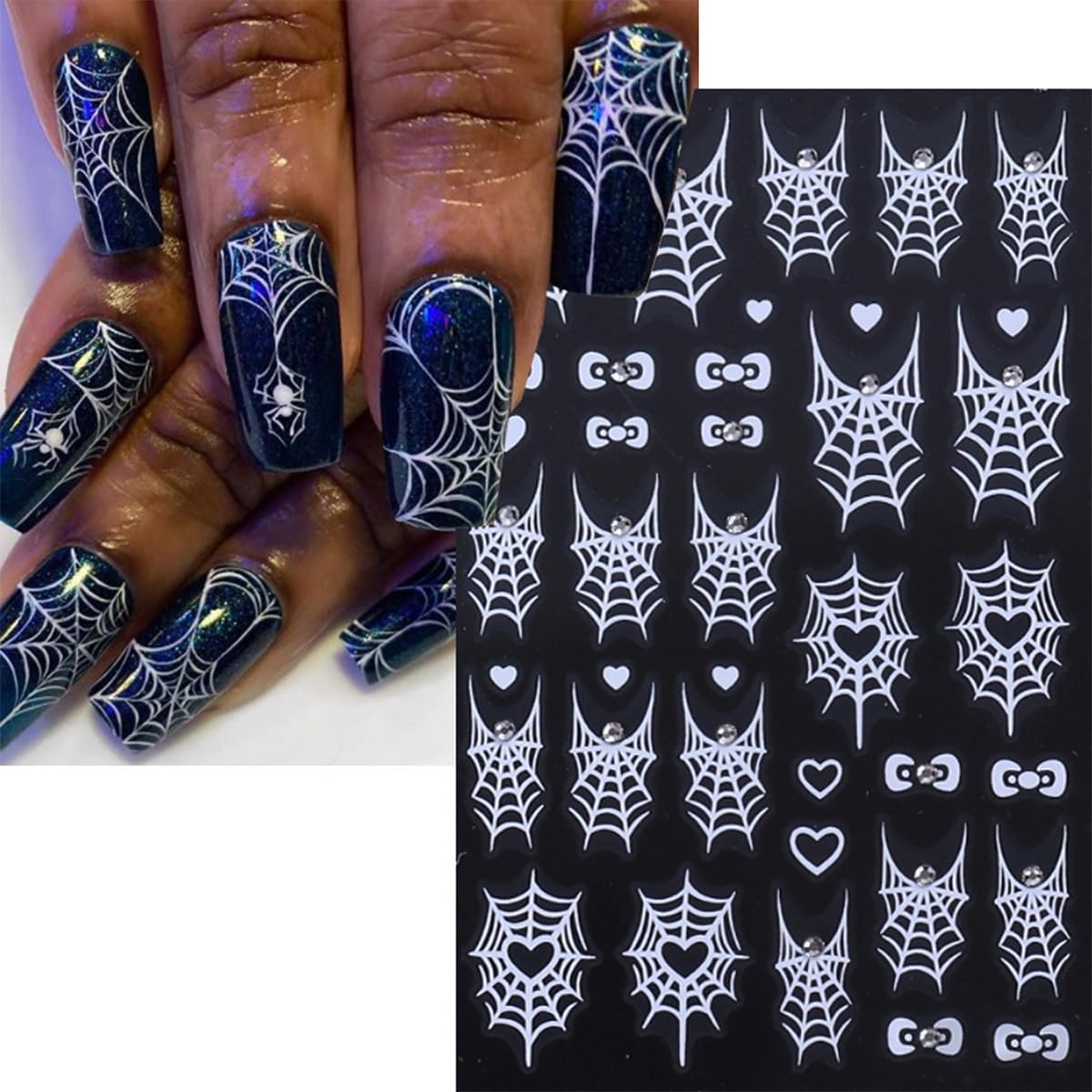 4 Sheets 5D Embossed Halloween Nail Stickers for Nail Art Self-Adhesive Ghost Spider Web Spider Nail Decals Laser Gold Silver Rhinestones Nail Designs Stickers Holiday Nails Supplies for Women DIY