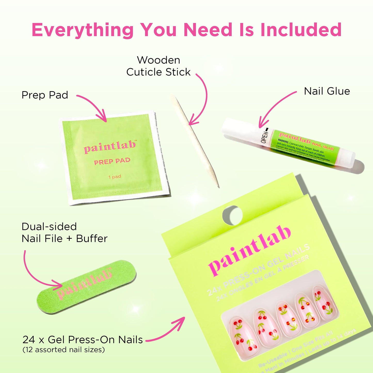 PaintLab Press On Nails - Cherry Bomb Almond Fake Nails, 30 Nails in 15 Sizes with Glue, Reusable Salon Quality Press On Nails