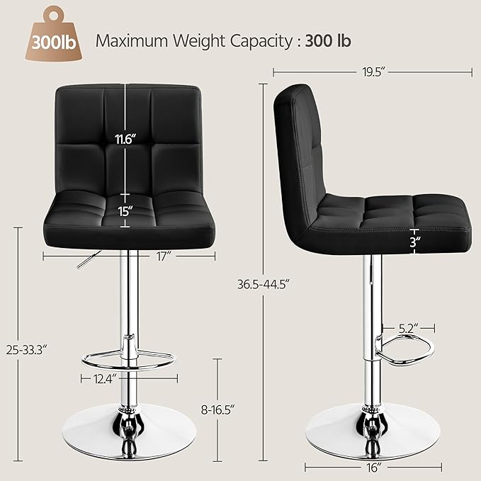 Yaheetech Bar Stools, Adjustable PU Leather Swivel Barstools, Modern Counter Stools with Back and Footrest, Counter Height Barstools for Bar, Kitchen, Dining Room, Black