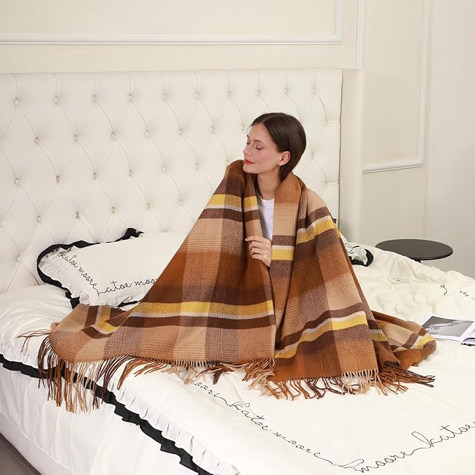 Throw Blanket Plaid with Carry Bag | Soft Wool Travel Blanket 55"x83" 2lbs | Camel Champagne Plaid Decorative Throw for Couch, Camping & Gift