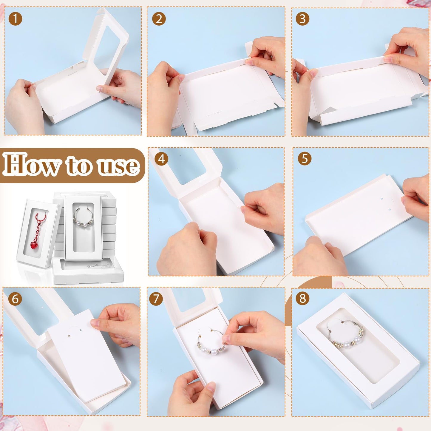 HANLANXUE 100 Pack Mini Jewelry Packaging Boxes with Clear Windows, 5.4"x3.4"x0.7" Paper Necklace Gift Box with Sticker Small Gift Boxes Bulk for Displaying Necklaces Rings Bracelets Earrings (White)