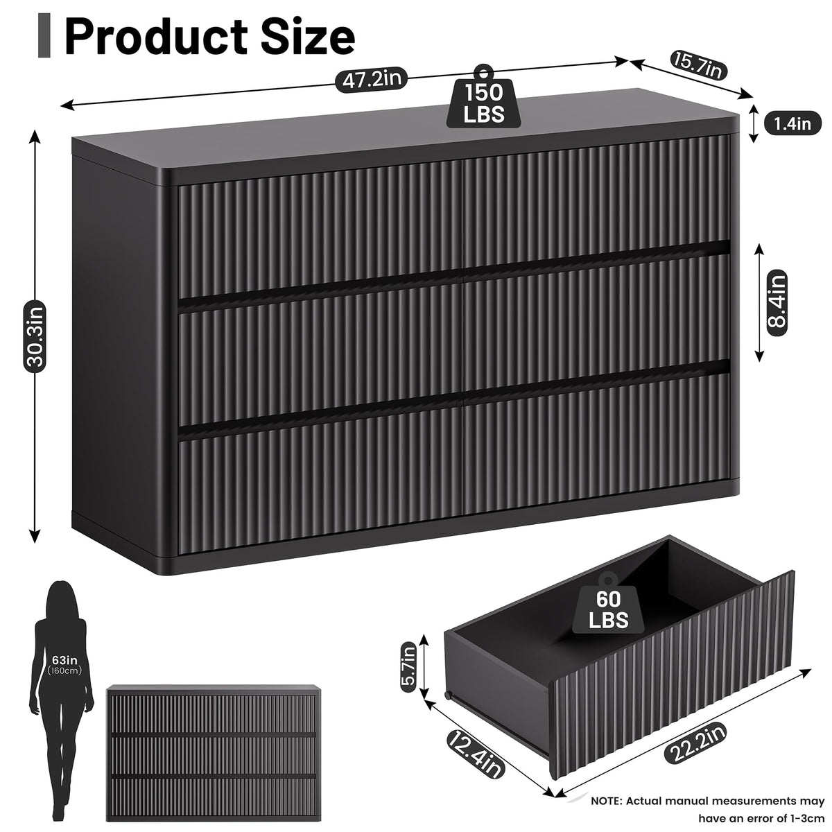 Black 6 Drawers Double Dresser