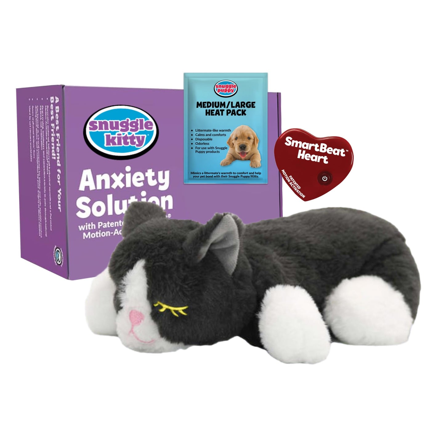 Snuggle Kitty Heartbeat Cat Toy for Kittens and Cats with Real-Feel Pulse and Heat Pack, Calming Sleep Aid for Cat Anxiety, New Kitten Essentials - Grey and White