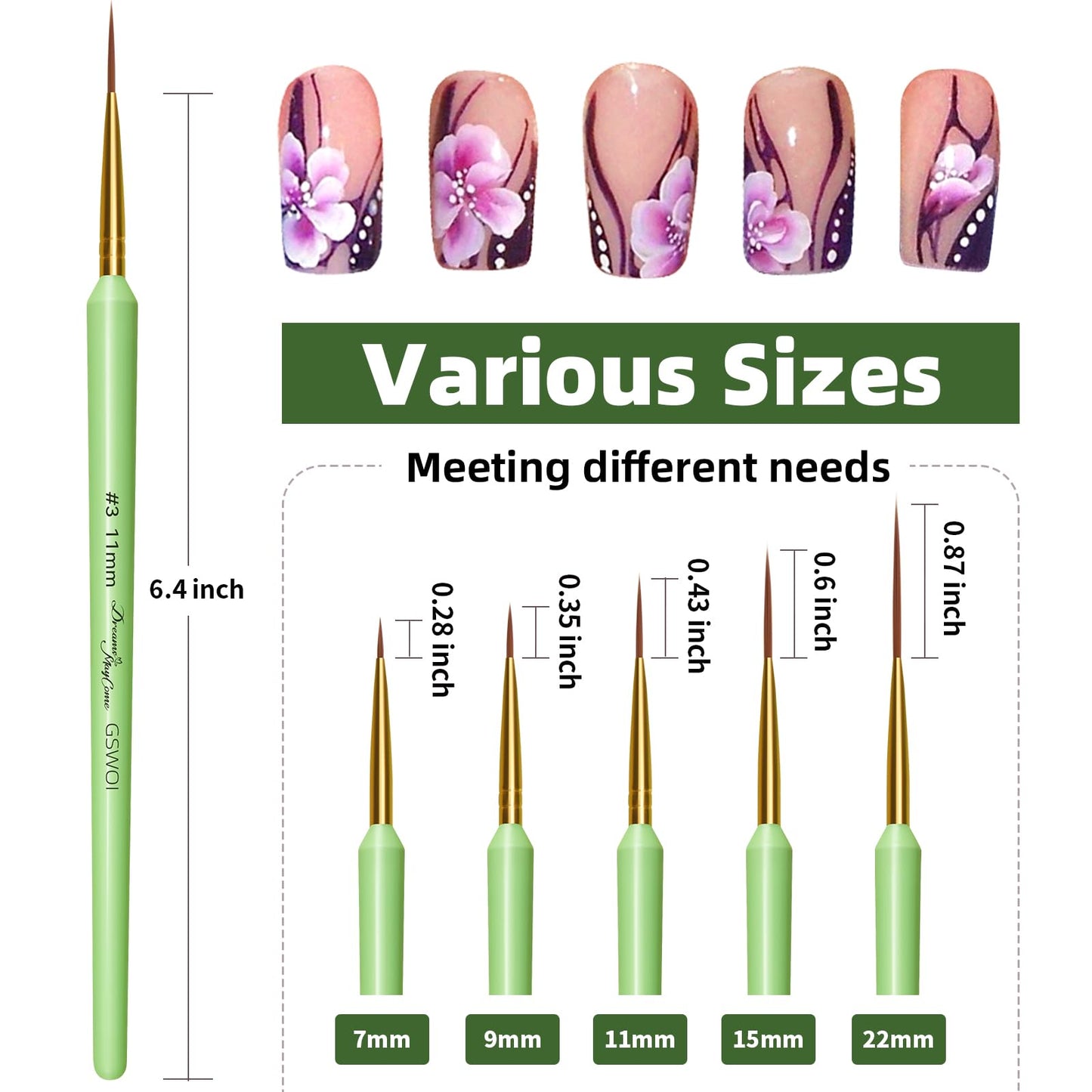 Nail Brush Set for Nail Art Liner Brushes,GSWOI 5Pcs Thin Liner Striping Brush for Nails Gel Polish Painting Designs Elongated Lines -Sizes 7/9/11/15/22mm(Green)
