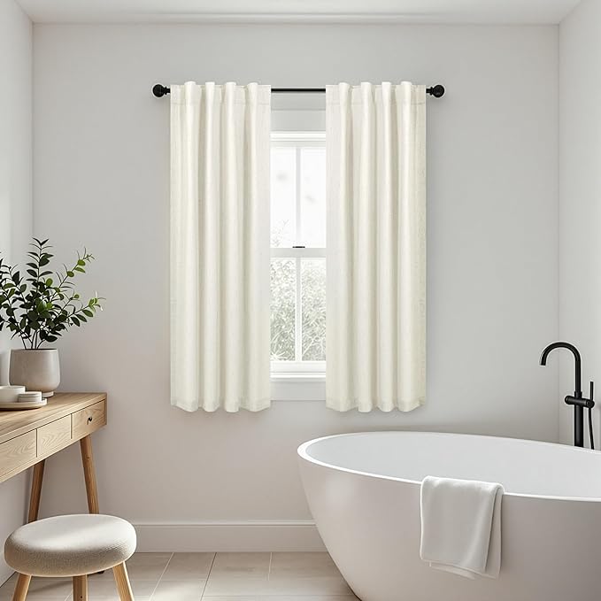 Pitalk 100% Blackout Short Linen Curtains for Cafe 40 Inch Length 2 Panels Half French Door Curtains for Window Privacy Small Curtain for Front Back Door Glass Window Kitchen Basement Loft Cream Ivory